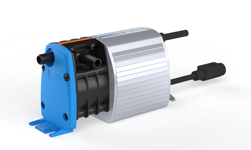 Mechanical pump with blue and silver design on a white background
