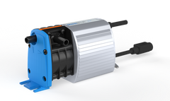 Mechanical pump with blue and silver design on a white background