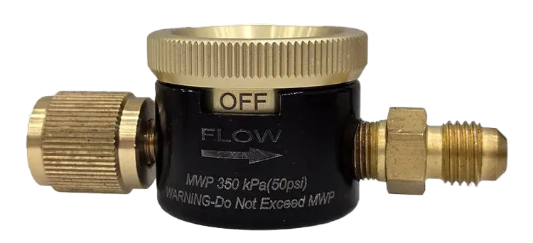 Nitrogen purge tool with black valve and brass fittings, OFF/LOW markings