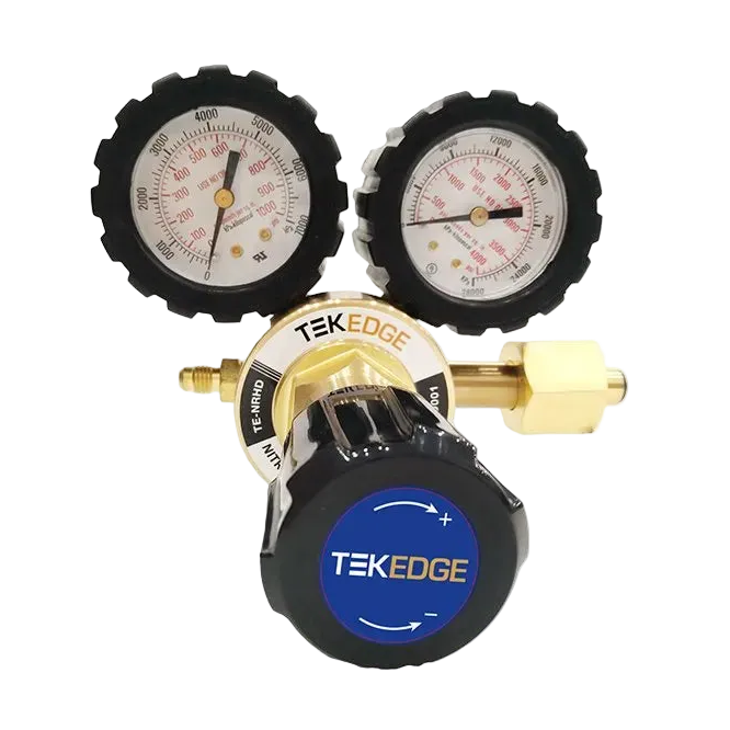 TEKEDGE nitrogen regulator with dual gauges, brass body, and blue control dial