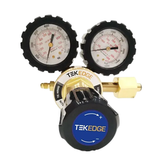TEKEDGE nitrogen regulator with dual gauges, brass body, and blue control dial