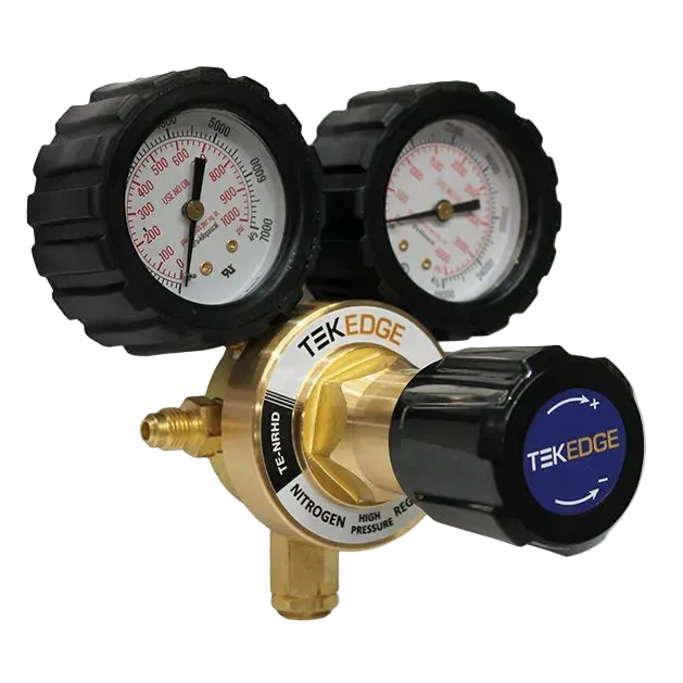 TEKEDGE nitrogen regulator with dual pressure gauges and blue control knob